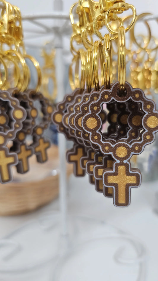 Gold & Brown Rosary Cross Keychain